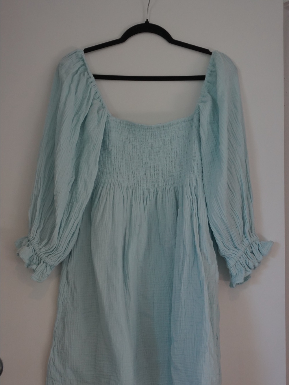 Smocked Square Neck Long Sleeve Midi Dress in Light Blue with pockets